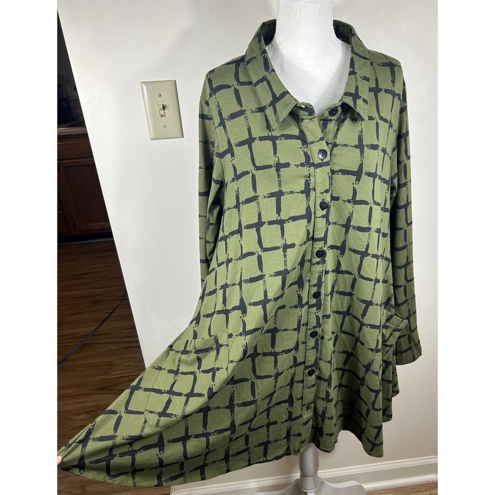 Snapdragon & Twig Tunic Dress Top Sz S Green Grid Lauryn‎ Button Down Lagenlook